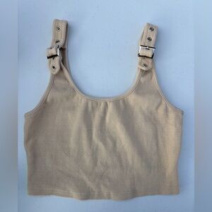 White Fox Beige Ribbed Buckle-Strap Crop Tank Top